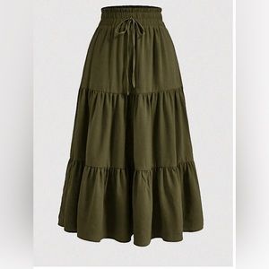 Army Green Boho Tiered Ruched Skirt
